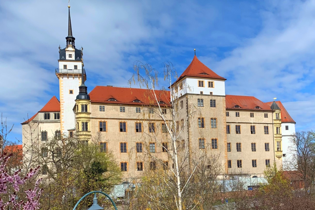 Die elbseitige Fassade von Schloss Hartenfels wird dieses Jahr für rund 2,16 Millionen Euro saniert. Foto: LRA/Seidler