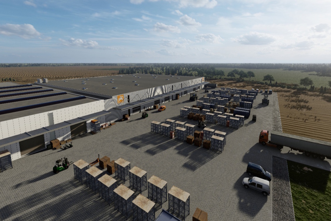 Visualisierung der neuen Produktionshallen der BBG Bodenbearbeitungsgeräte in Leipzig sowie der Außenanlagen. Visualisierung: Goldbeck GmbH