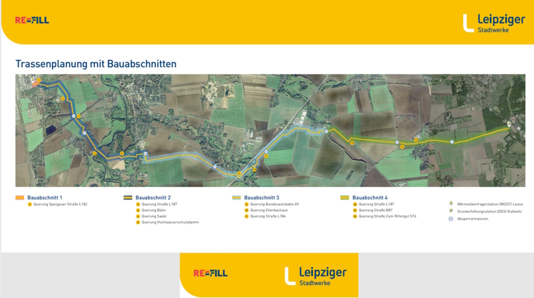 Verlauf der geplanten Fernwärmetrasse von Leuna nach Kulkwitz.