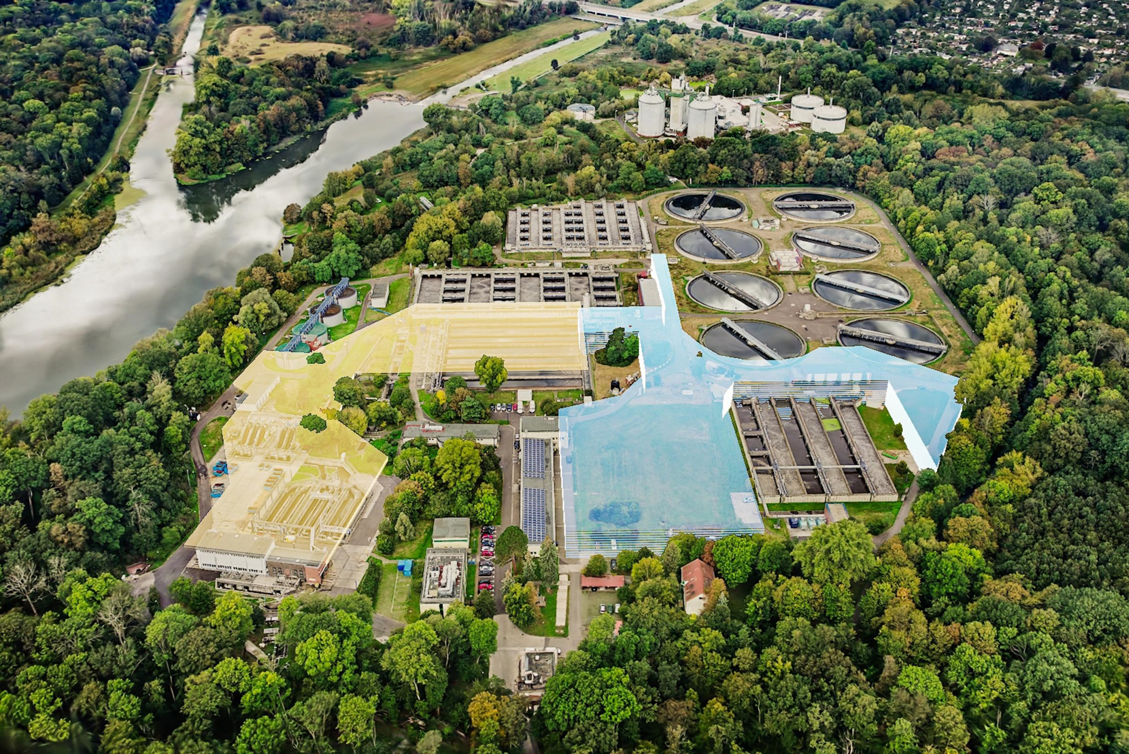 Der Ausbau der Klärwerks erfolgt in zwei Baubschnitten: Die Erweiterung der Biologie (blau) startet im Mai 2025; der Neubau der Mechanik (gelb) folgt zeitversetzt im Frühjahr 2026. Die Arbeiten dauern insgesamt bis voraussichtlich 2032. Foto: Leipziger Gruppe