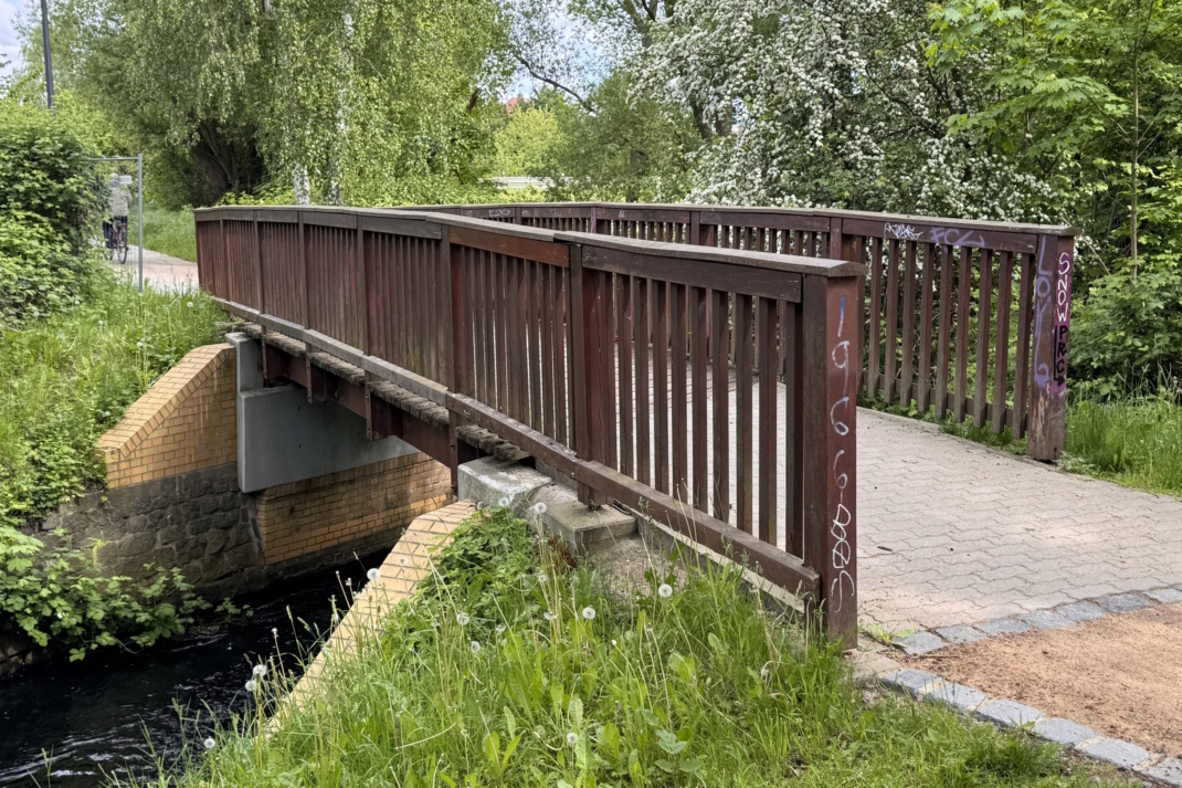 Hölzerne Brücke in einem Park, die über ein kleines Gewässer führt.