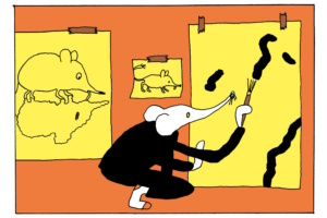 Eine Maus malt auf der Leinwand. Grafik: Anna Haifisch