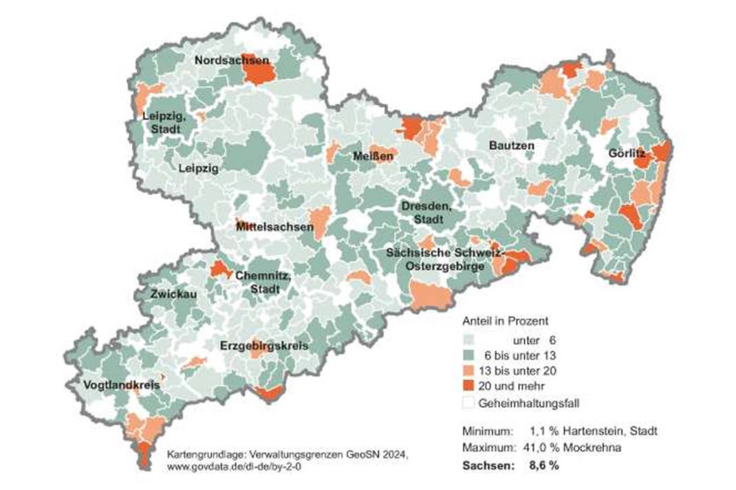 Anteil der ausländischen Beschäftigten an alle sozialversicherungspflichtig Beschäftigten auf Gemeindeebene in Sachsen.