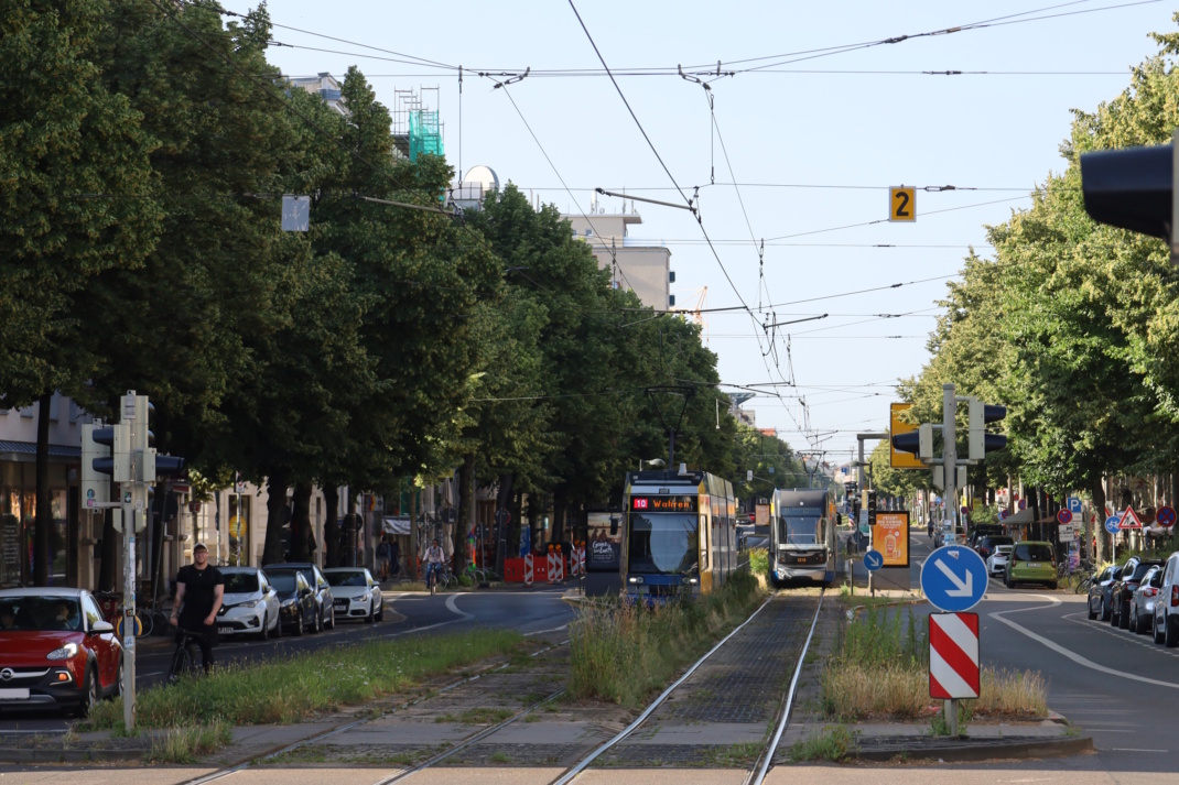 Abschnitt der Karl-Liebknecht-Straße mit Tramgleisen und Verkehr.