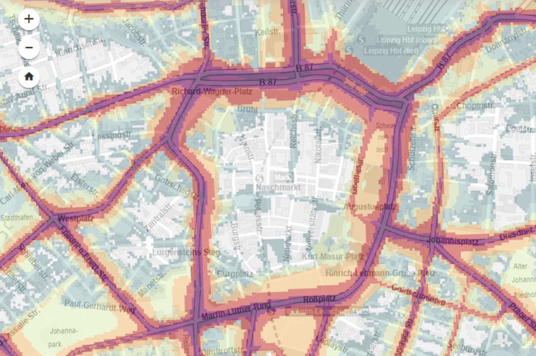 Lärmkartierung der Leipziger Innenstadt: Mit über 75 dB (A) ist auch der Promenadenring viel zu laut. Karte: Stadt Leipzig
