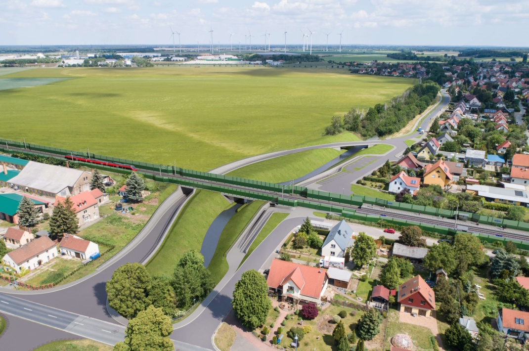 Die Bahnüberführung in Glaubitz, Bahnhofstraße. Visualisierung: Deutsche Bahn
