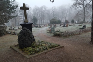 FRiedhof im Nebel, Gräber und Bäume, im Vordergrund Grabmal mit Kreuz.