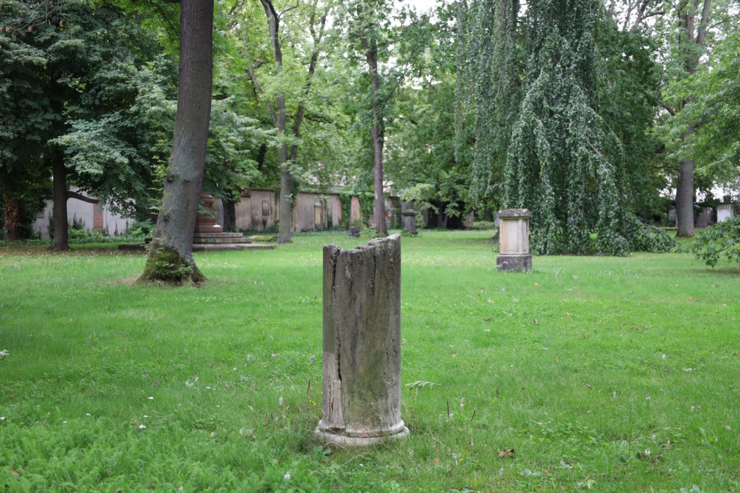 Auf dem Alten Johannisfriedhof, grüne Wiese mit Grabmalen.