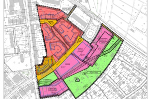 Bebauungsplan mit farblicher Markierung.