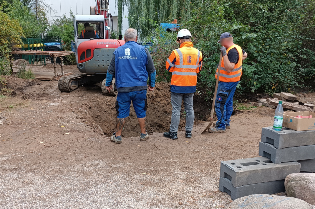 Arbeiter schaufeln Bereich mit Erde zu.