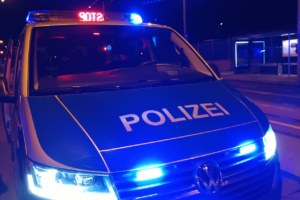 Streifenwagen mit Blaulicht in der Dunkelheit.
