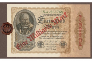 Reichsbanknote aus der Zeit der Hyperinflation: 1.000 Mark, überdruckt 1 Milliarde Mark, 1922. Foto: Universitätsbibliothek Leipzig