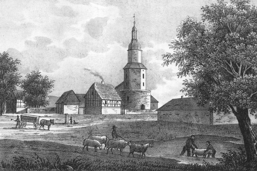 Eine historische Abbildung der Dorfkirche Knautnaundorf um 1850 (Gemeinfrei, https://commons.wikimedia.org/w/index.php?curid=916316)