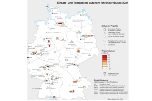 Testgebiete autonom fahrender Busse in Deutschland. Karte: Institut für Länderkunde, Nationalatlas