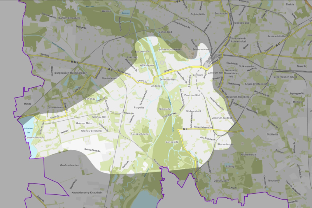 Das Gebiet, für das die Handyapp in Leipzig schon "Grüne Wellen" ausweist. Karte: Stadt Leipzig