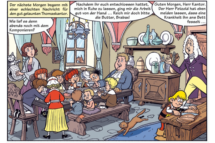 Die Bachs am Küchentisch. Grafik: MOSAIK – Die Abrafaxe 2025