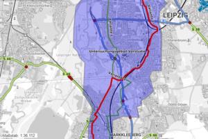 Mögliche Streckenführung des Radschnellwegs Leipzig-Markklleeberg. Karte: Freistaat Sachsen, LaSuB