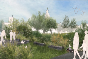 Zwischengrün auf dem Wilhelm-Leuschner-Platz. Visualisierung: Rudolph Langner – Station C23 – Architekten und Landschaftsarchitekten PartG mbB