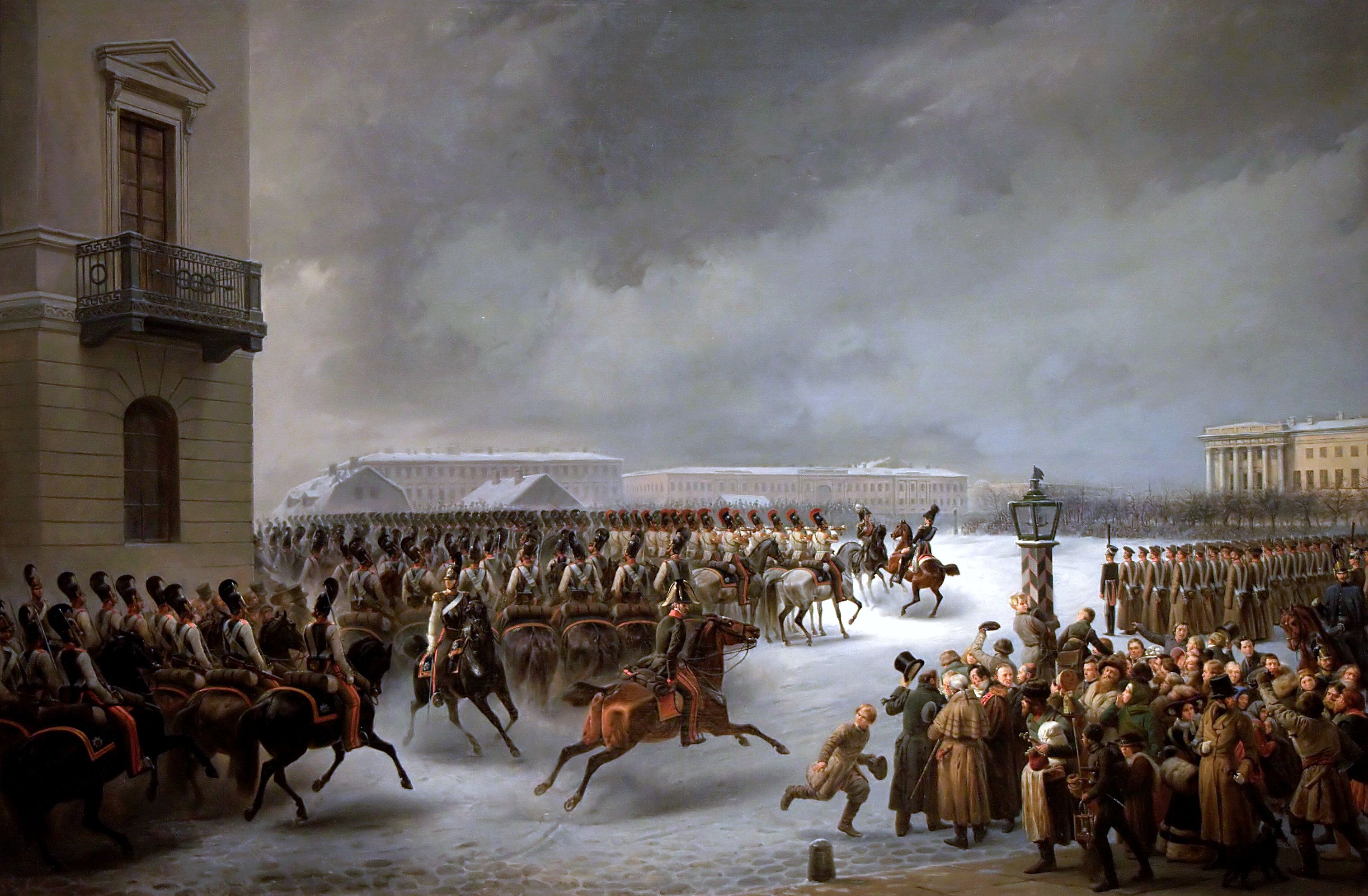 Der Dekabristenaufstand 1825 in Sankt Petersburg auf einem Gemälde von Georg Wilhelm Timm (1820 - 1895).