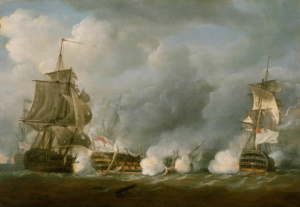Die Defence überstand 5 große Seeschlachten. Hier 1794 vor Ouessant im Atlantik. Sie sank Weihnachten 1811 während eines Orkans vor Jütland. Gemeinfreie Abbildung: Royal Museums Greenwich/Wikimedia Commons