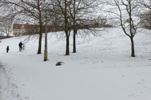 Rodelberg, spielendes Kind im Schnee.