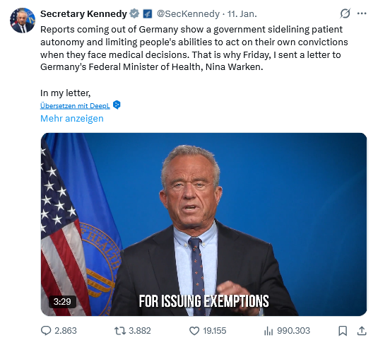 Secretary Kennedy auf X. Screenshot: LZ