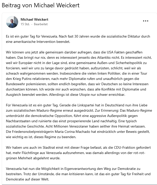 Beitrag zu Venezuela, Michael Weickert auf Linkedin, Screenshot LZ