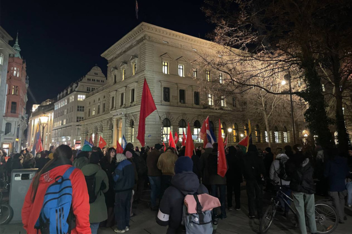 Menschenmenge mit Fahnen