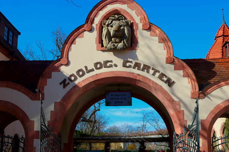 Eingang zum Zoo Leipzig, der von einem Giebel mit Löwenkopf verziert wird.