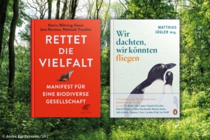 Buchvorstellung und Podiumsdiskussion „Wir dachten, wir könnten fliegen“ und „Rettet die Vielfalt“. Collage: UFZ
