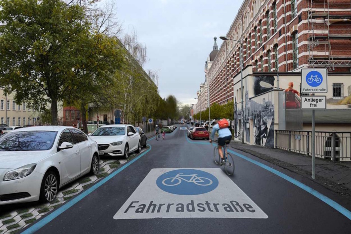 So könnte die Umgestaltung der Nonnenstraße zur Fahrradstraße aussehen. Visualisierung: Ökolöwe