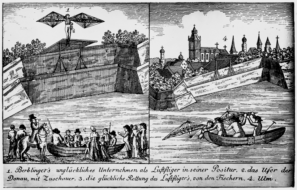 Der „Schneider von Ulm“ und die Tragik eines gescheiterten Flugversuchs auf einem Kupferstich. © gemeinfrei
