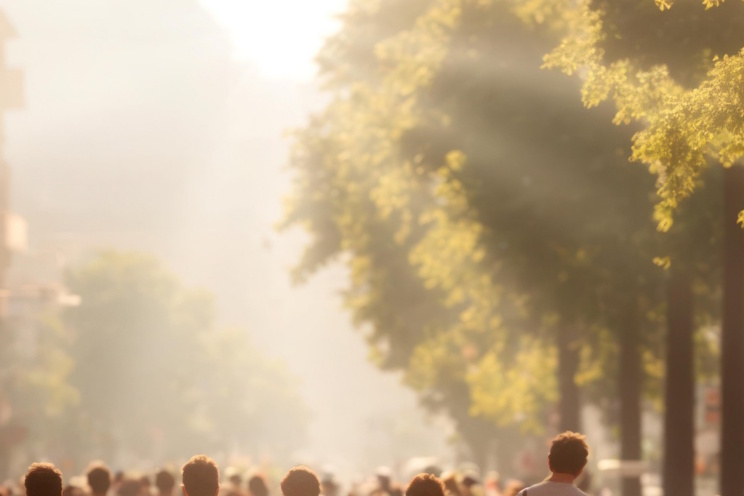 Wenn brütende Hitze zum Alltag wird. Foto: https://pixabay.com/illustrations/ai-generated-road-street-people-8145532/