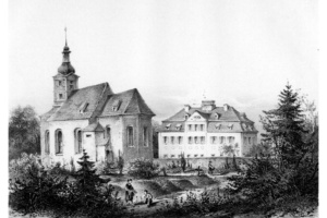 Kirche und Herrenhaus des unteren Ritterguts Stötteritz um 1850. Album der Rittergüter und Schlösser des Königreichs Sachsen. Leipzig 1856, gemeinfrei, https://commons.wikimedia.org/w/index.php?curid=3997826
