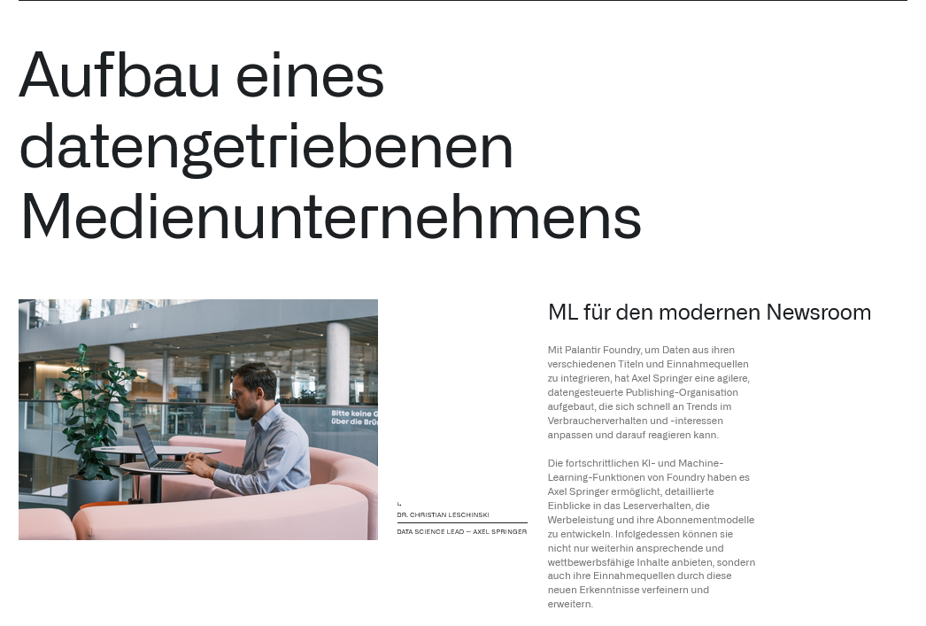 Springer auf der Palantir Webseite, Aufbau eines datengetriebenen Medienunternehmens. Screenshot: LZ