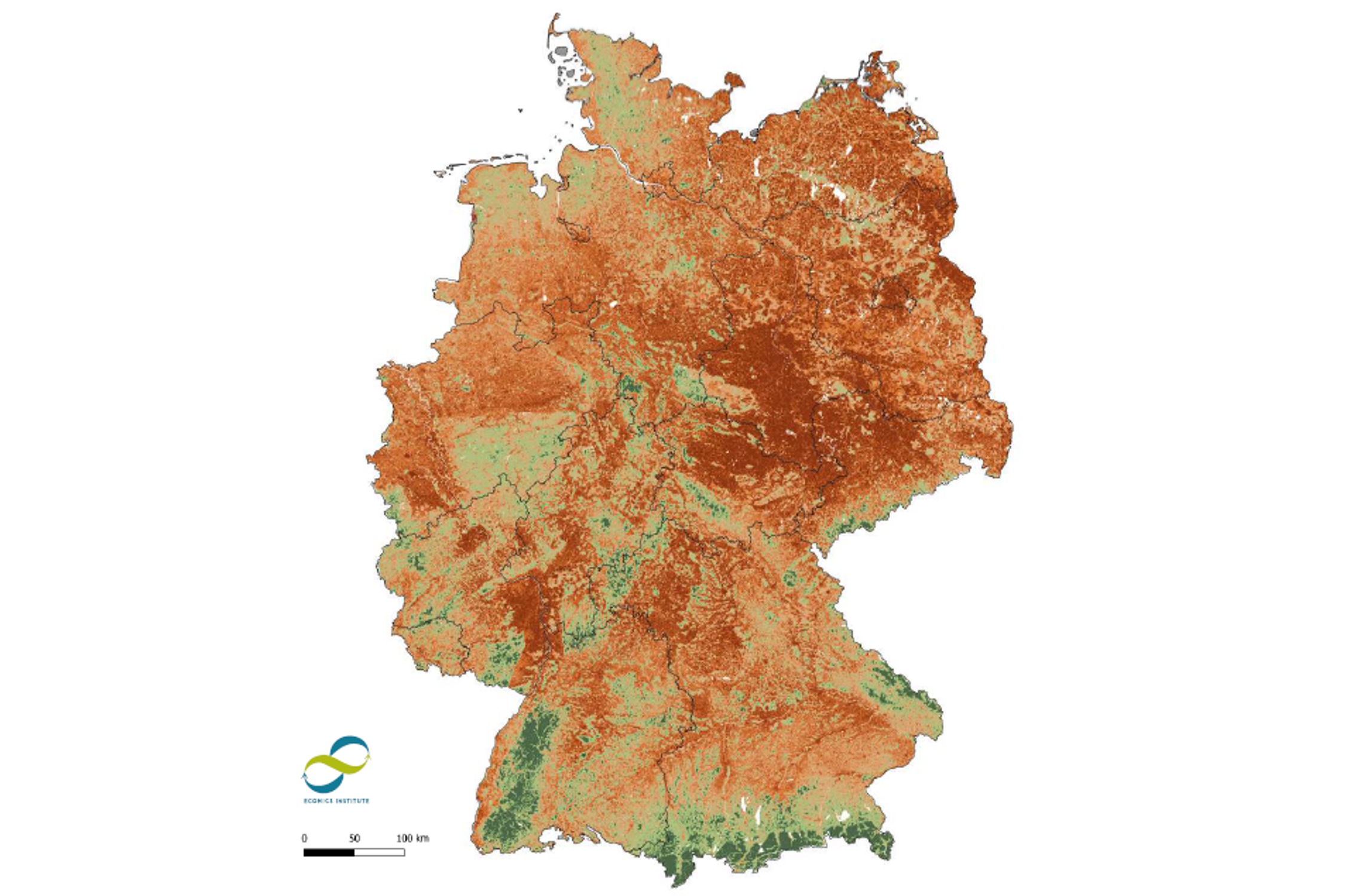 Zusrtand der natürlichen Infrastruktur in Deutschland 2021 bis 2025. Karte: ECONICS Institute