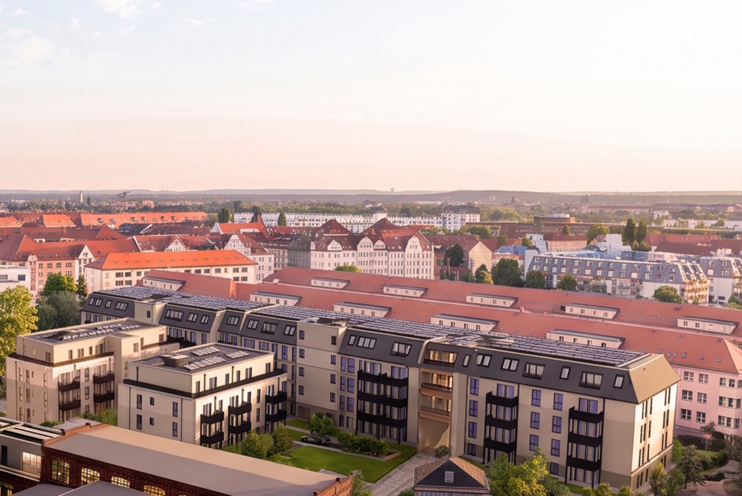 So ungefähr sollen die neuen Wohnblöcke mit gefördertem Wohnraum im HAFENWERK aussehen. Visualisierung: LEWO AG