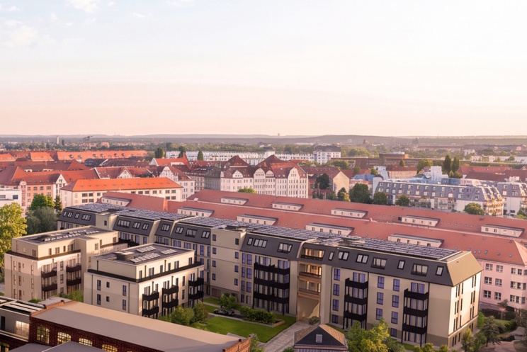 So ungefähr sollen die neuen Wohnblöcke mit gefördertem Wohnraum im HAFENWERK aussehen. Visualisierung: LEWO AG