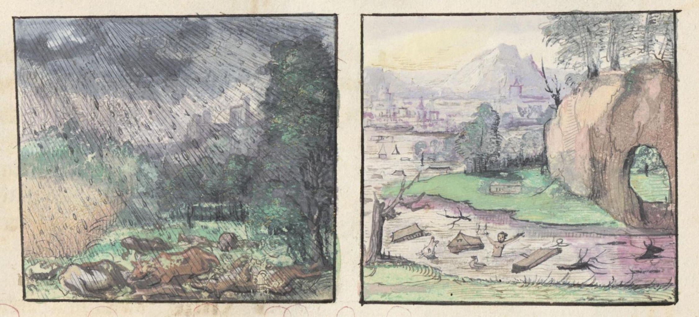 Darstellung von extremen Niederschlägen undHochwassern des 13. Jahrhunderts im „Ehrenspiegel“ des Jakob Fugger. Foto: BSB München, CGM 895, fol. 133v. (Lizenz: Public Domain Mark 1.0 Universal)