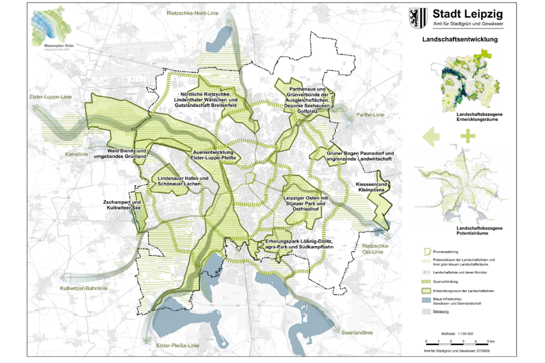 Karte zur Landschaftsentwicklung mit den eingetragenen Entwicklungsräumen der Landschaftslinien. Karte: Stadt Leipzig, Masterplan Grün - Leipzig grün-blau 2030