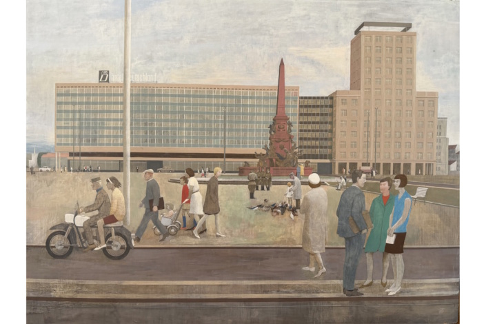 G&uuml;nter Thiele: Leipziger Augustusplatz mit Mendebrunnen, 1966, Tempera auf Hartfaser, 100 x 134,5 cm. Foto: Galerie Schwind