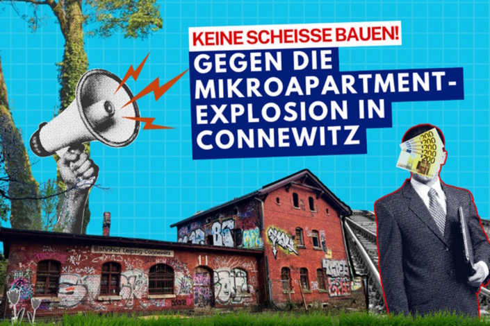 Petition „Keine Scheiße bauen! - Gegen die Mikroapartment-Explosion in Connewitz". Grafik: Stadtteilinitiative Vernetzung Süd