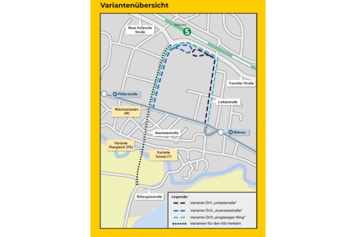 Diese Varianten hat das Planungsdezernat zur Anbindung des S-Bahnhofs Wahren alle untersucht. Grafik: Stadt Leipzig