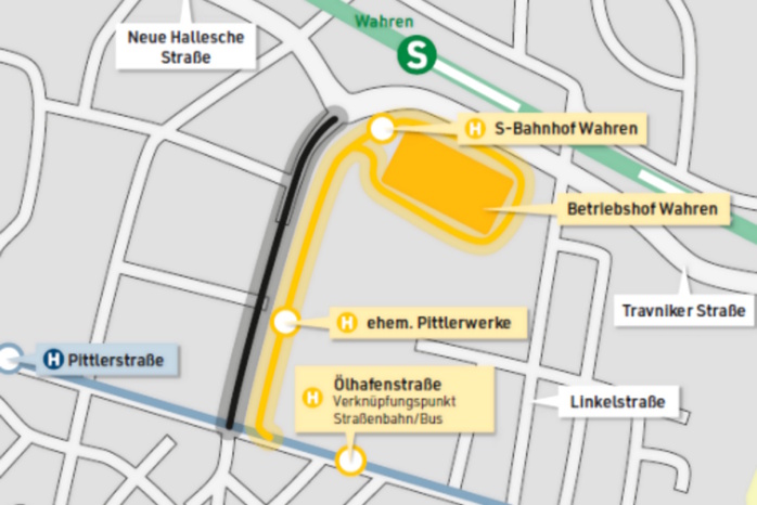 Diese Variante zur Anbindung des S-Bahnhofs Wahren soll tatsächlich zur Umsetzung kommen. Grafik: Stadt Leipzig