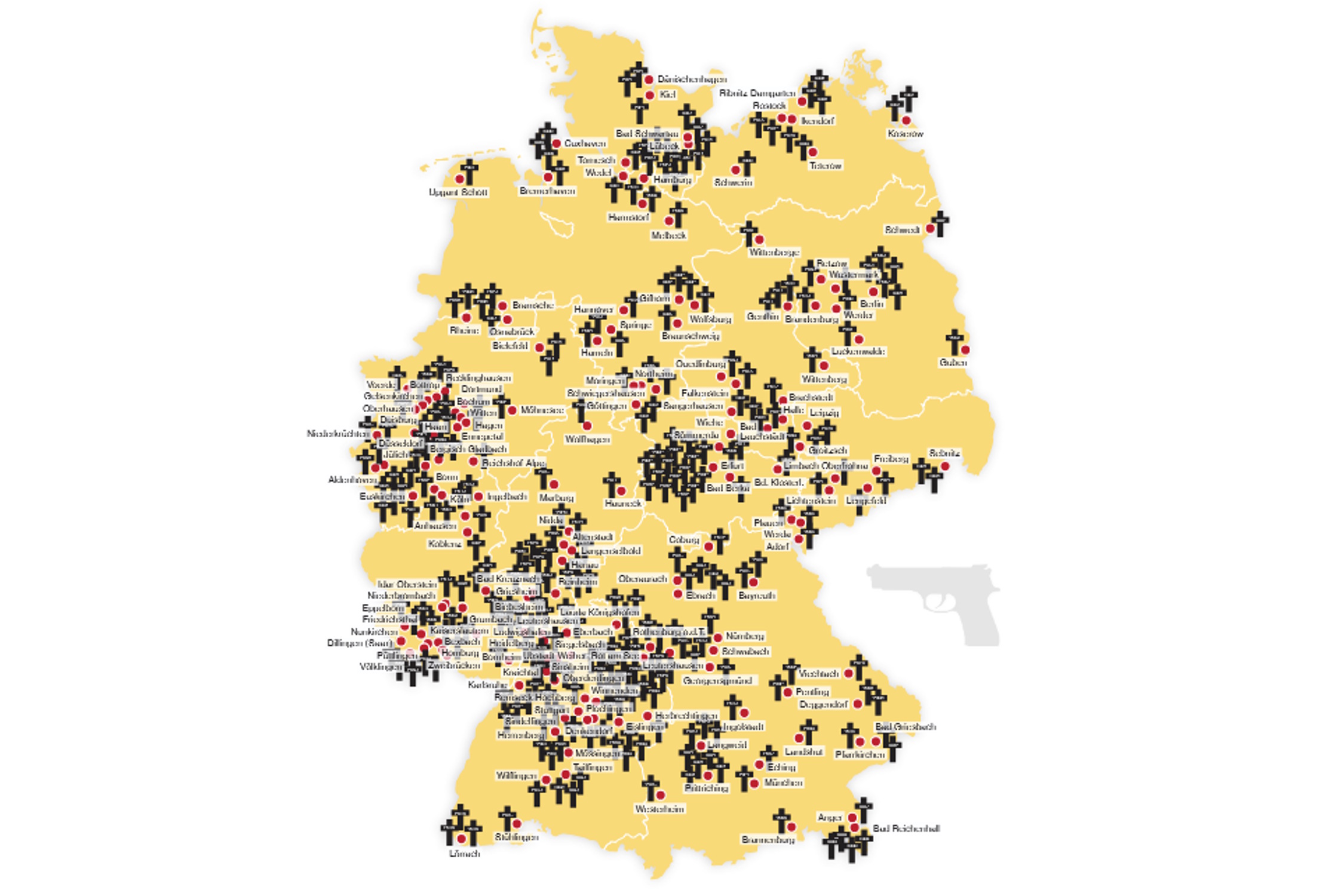 Mit "Sportwaffen" getötete Menschen in Deutschland 1990 bis 2024. Karte: Initiative „Keine Mordwaffen als Sportwaffen!“