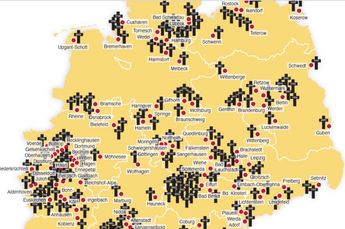Mit „Sportwaffen“ getötete Menschen in Deutschland 1990 bis 2024. Karte: Initiative „Keine Mordwaffen als Sportwaffen!“
