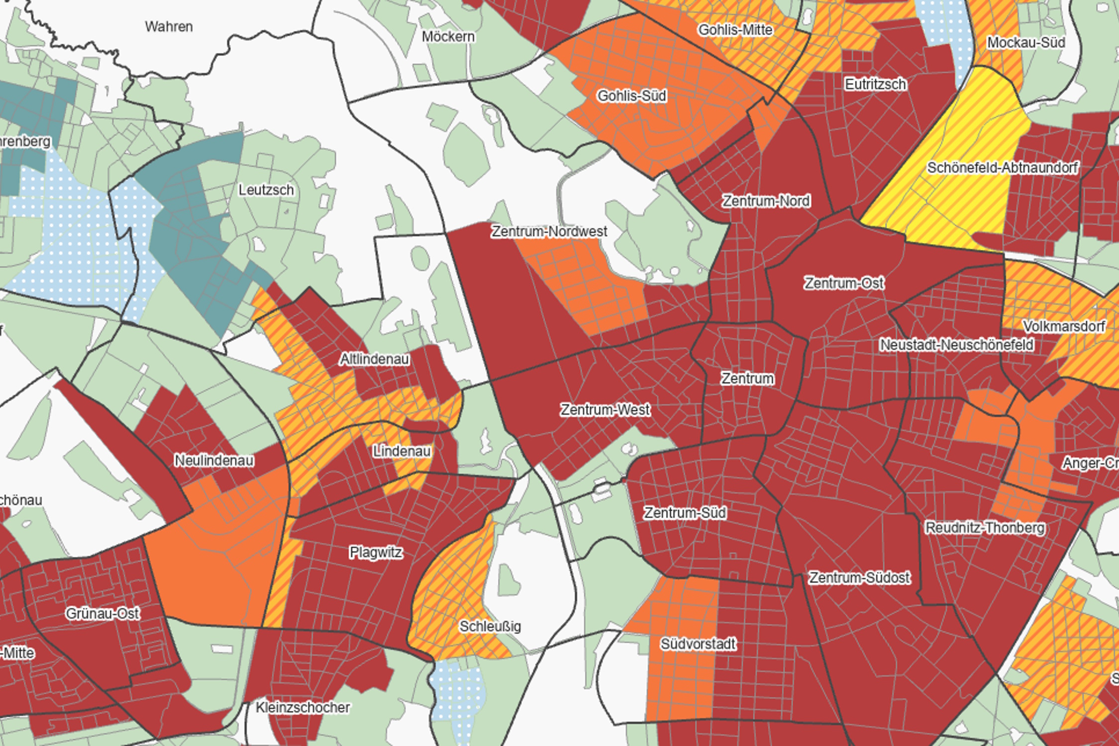 Fernwärmeausbau-Planung der Stadt. In Orange eingefärbt ist auch das Waldstraßenviertel (Zentrum-Nordwest). Karte: Stadt Leipzig